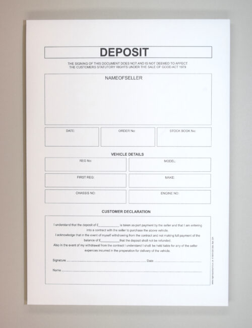 12. Motor Vehicle Deposit Pads - Carbonless (NCR)