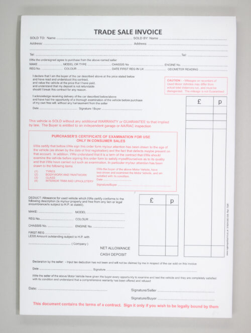 Motor Trade Sales Invoice Pad A4 - Carbonless (NCR) - Standard