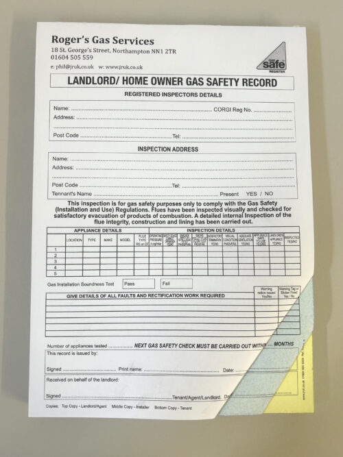 Landlord/Homeowner Gas Safety Testing Certificate - Carbonless (NCR) - Personalised